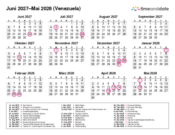 Kalender für 2027 in Venezuela