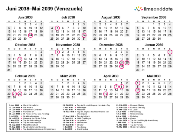 Kalender für 2038 in Venezuela