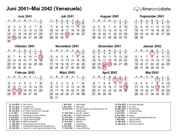 Kalender für 2041 in Venezuela