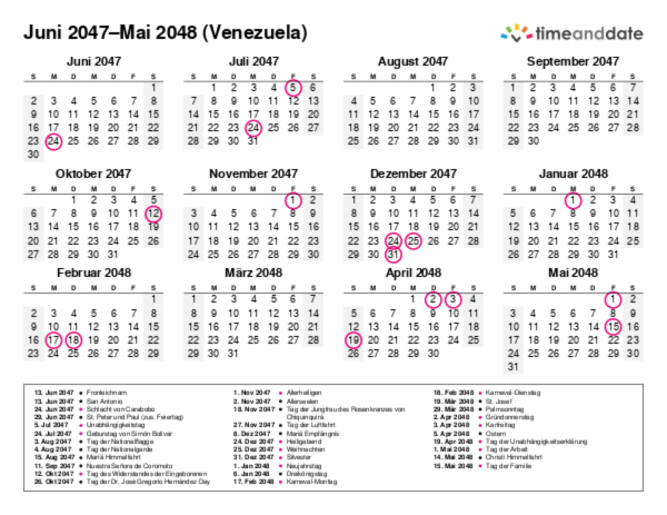 Kalender für 2047 in Venezuela