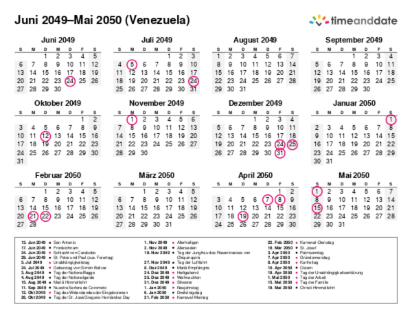 Kalender für 2049 in Venezuela
