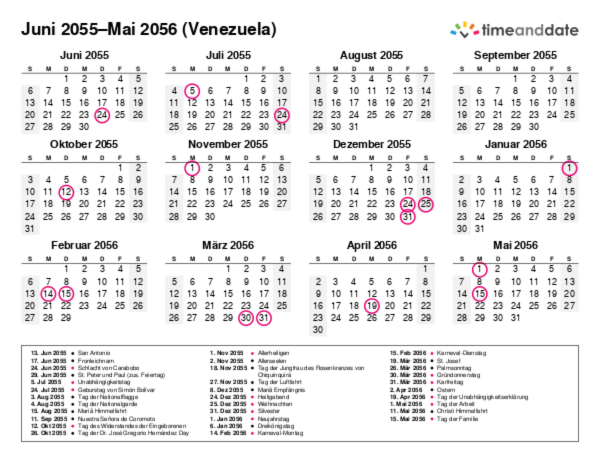 Kalender für 2055 in Venezuela