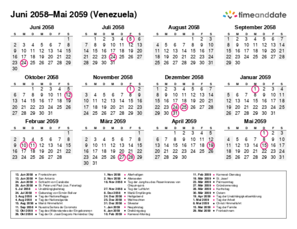 Kalender für 2058 in Venezuela