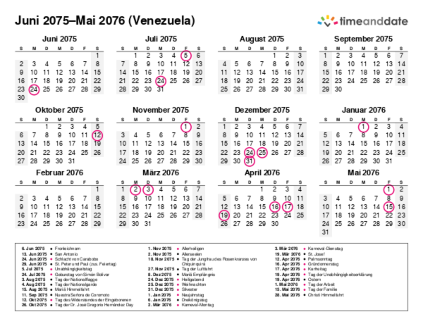 Kalender für 2075 in Venezuela