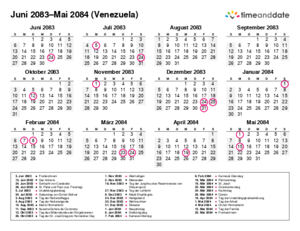 Kalender für 2083 in Venezuela