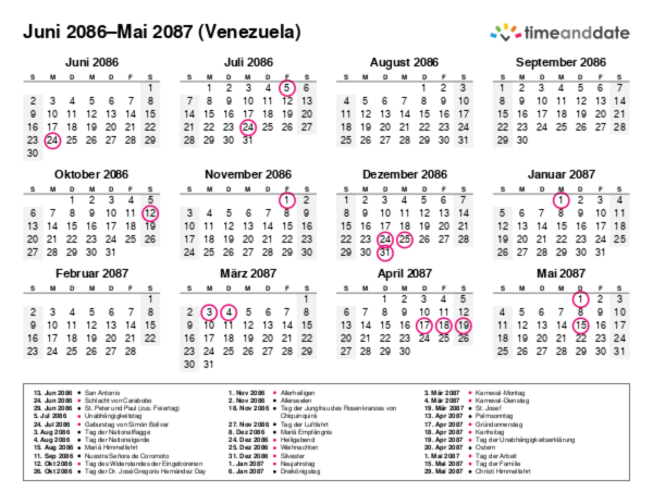 Kalender für 2086 in Venezuela