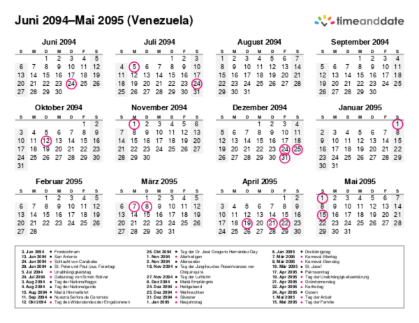 Kalender für 2094 in Venezuela