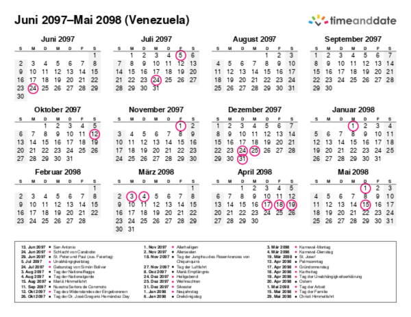 Kalender für 2097 in Venezuela