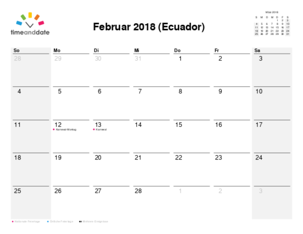 Kalender für 2018 in Ecuador