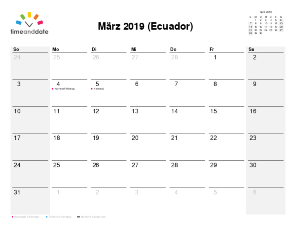 Kalender für 2019 in Ecuador