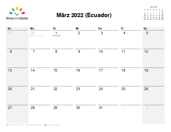 Kalender für 2022 in Ecuador