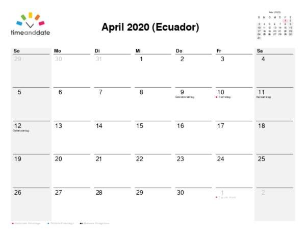 Kalender für 2020 in Ecuador
