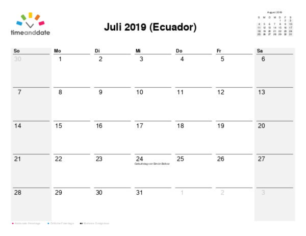 Kalender für 2019 in Ecuador