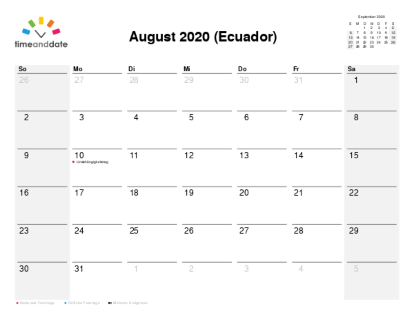 Kalender für 2020 in Ecuador