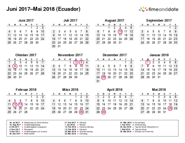 Kalender für 2017 in Ecuador