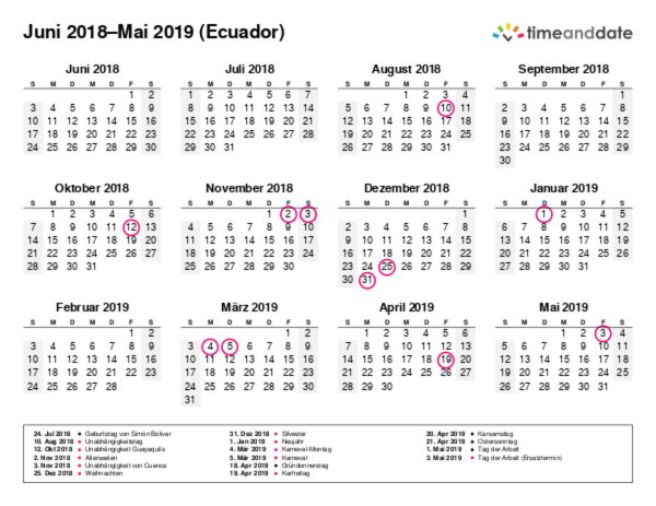 Kalender für 2018 in Ecuador