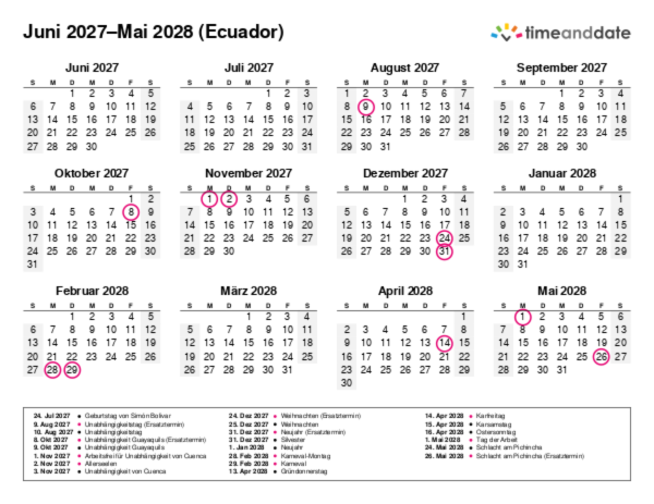 Kalender für 2027 in Ecuador