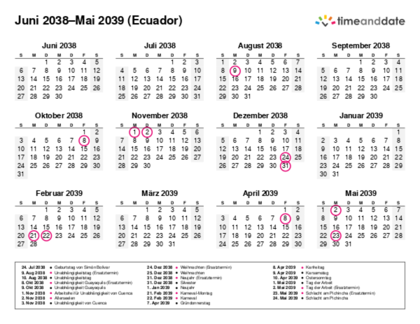 Kalender für 2038 in Ecuador