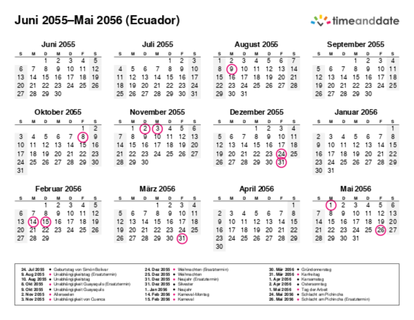 Kalender für 2055 in Ecuador