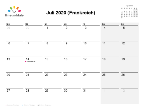 Kalender für 2020 in Frankreich