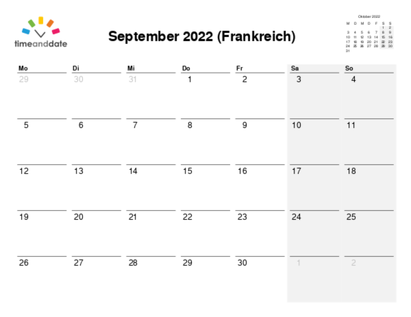 Kalender für 2022 in Frankreich
