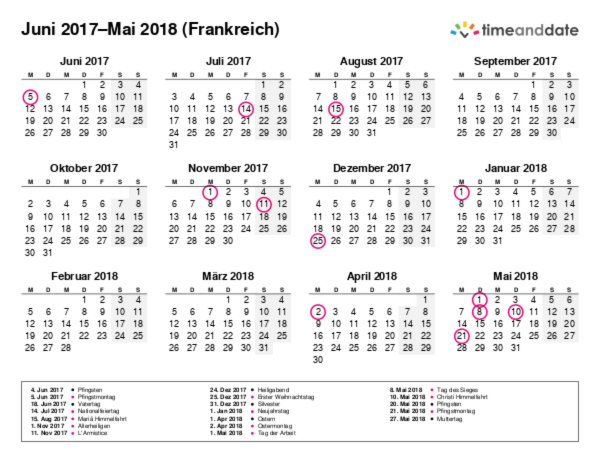 Kalender für 2017 in Frankreich