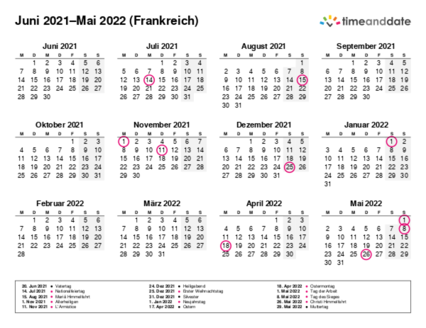Kalender für 2021 in Frankreich