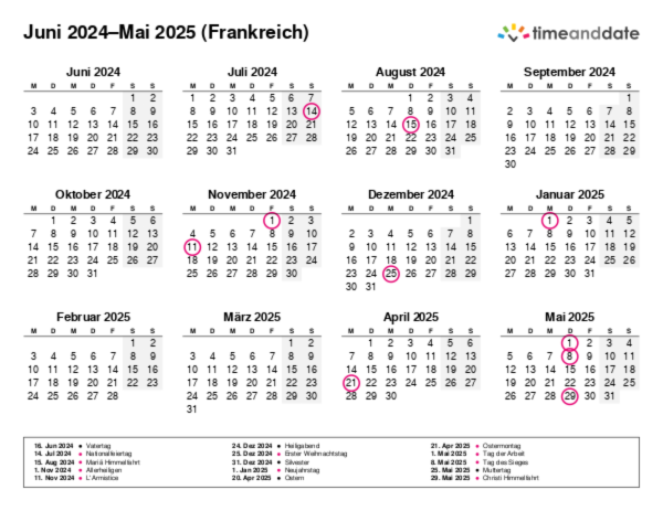 Kalender für 2024 in Frankreich