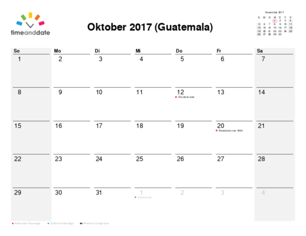 Kalender für 2017 in Guatemala