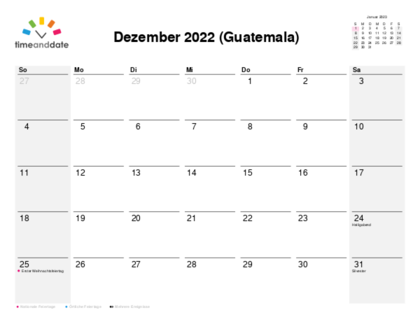 Kalender für 2022 in Guatemala
