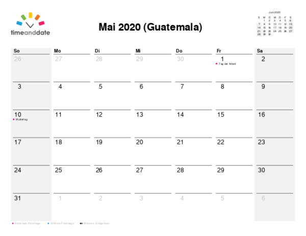 Kalender für 2020 in Guatemala