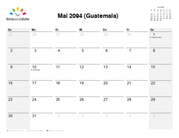 Kalender für 2094 in Guatemala