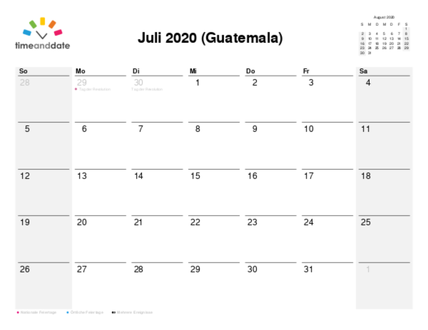 Kalender für 2020 in Guatemala