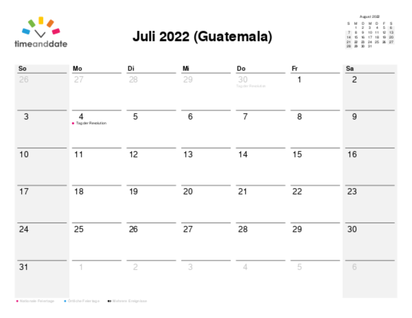 Kalender für 2022 in Guatemala