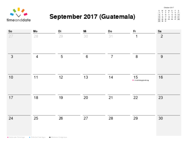 Kalender für 2017 in Guatemala