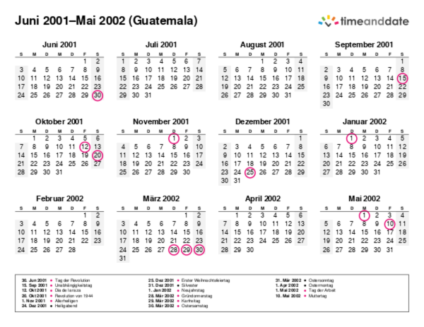 Kalender für 2001 in Guatemala