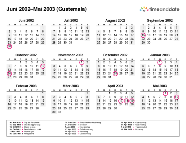Kalender für 2002 in Guatemala