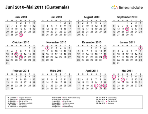 Kalender für 2010 in Guatemala
