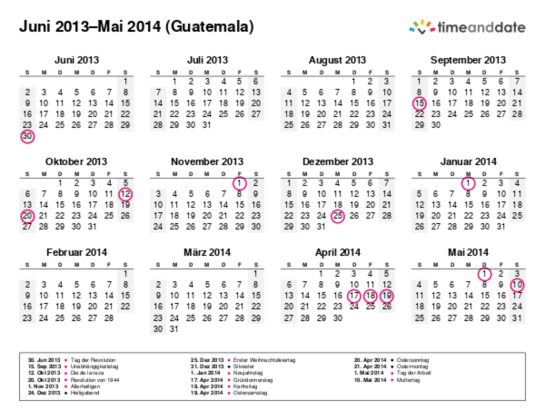 Kalender für 2013 in Guatemala