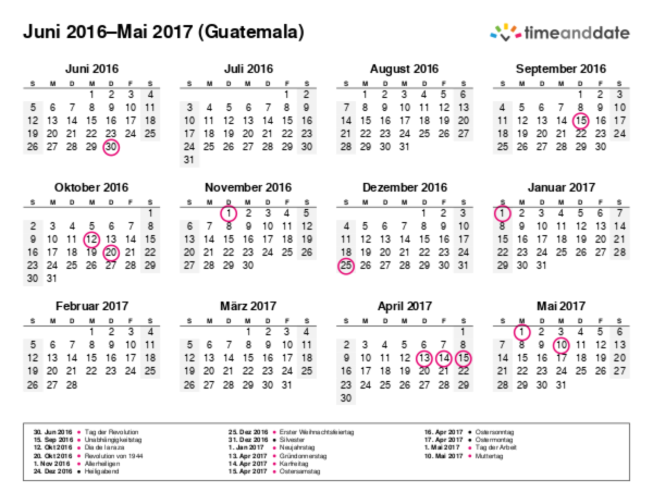 Kalender für 2016 in Guatemala