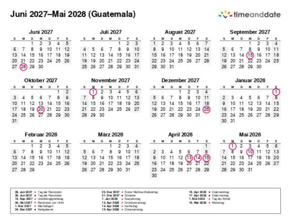 Kalender für 2027 in Guatemala