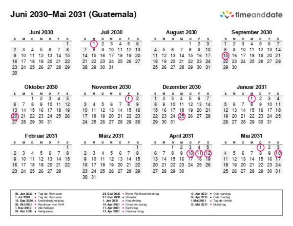 Kalender für 2030 in Guatemala