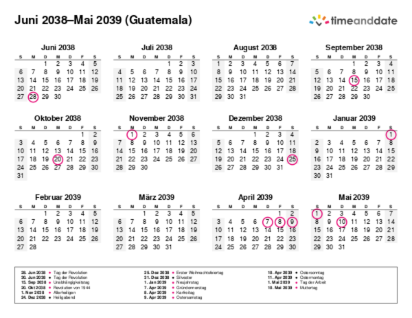 Kalender für 2038 in Guatemala