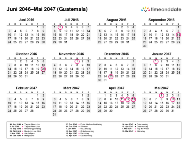 Kalender für 2046 in Guatemala