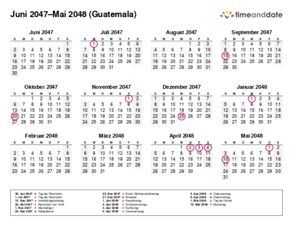 Kalender für 2047 in Guatemala