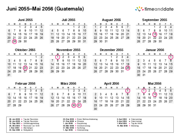 Kalender für 2055 in Guatemala