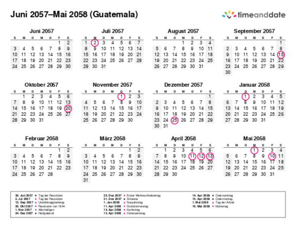 Kalender für 2057 in Guatemala