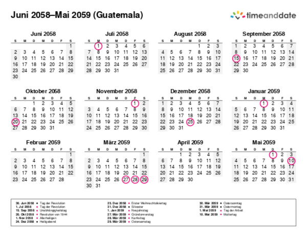 Kalender für 2058 in Guatemala
