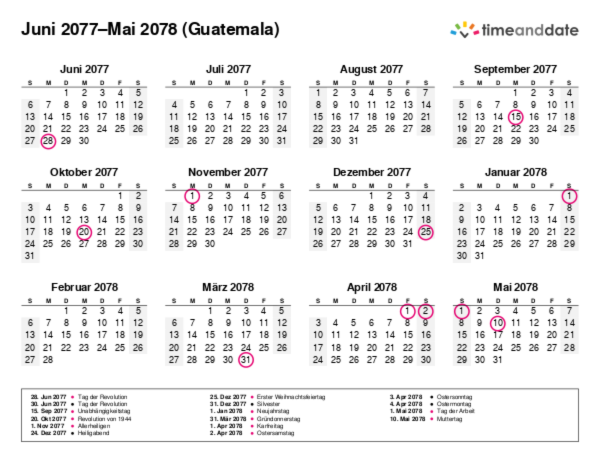 Kalender für 2077 in Guatemala