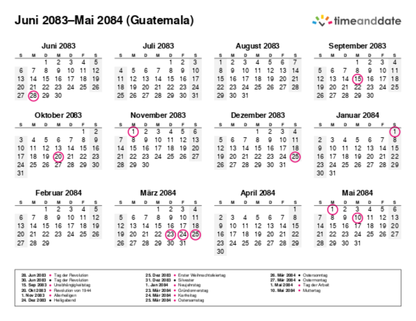 Kalender für 2083 in Guatemala